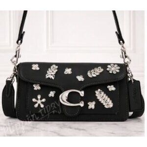 Coach Tabby Shoulder Bag 26 Black Crystal Floral Embellished Leather Silver Hard